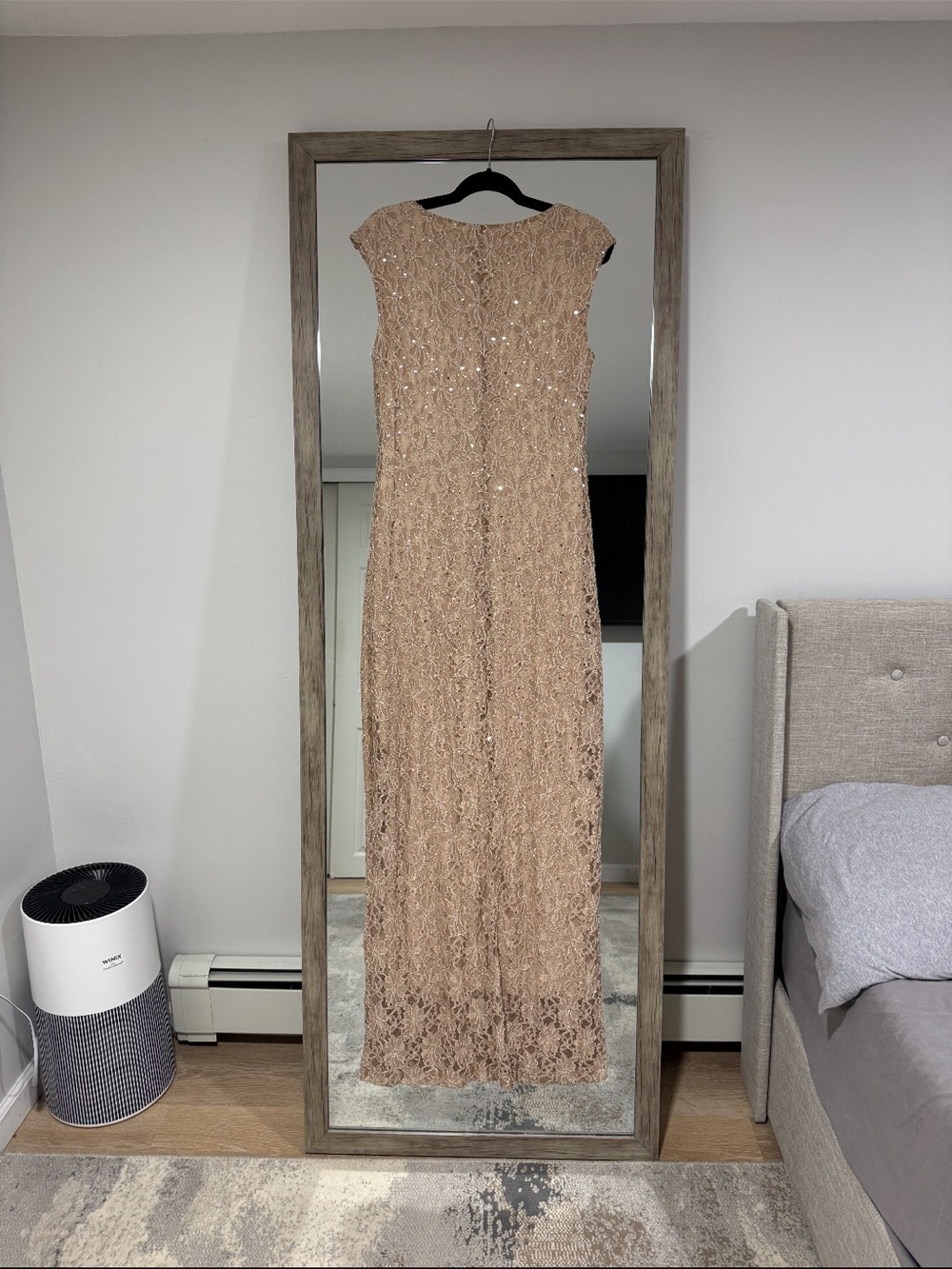 Macy's Nude Beaded Lace Maxi Dress